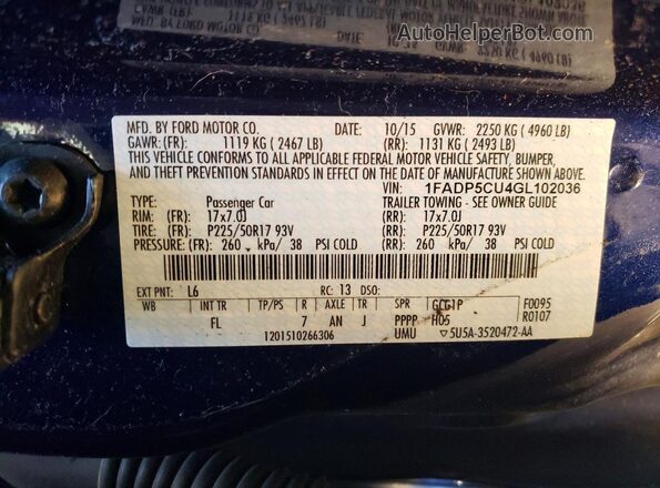 1FADP5CU4GL102036 2016 FORD C-MAX Синий Вид наклейки с VIN-кодом