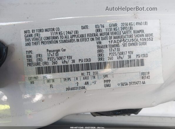 1FADP5CU5GL109352 2016 FORD C-MAX ENERGI White Вид підкапотного простору