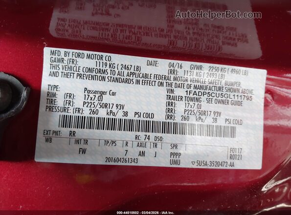 1FADP5CU5GL111795 2016 FORD C-MAX ENERGI Red Вид підкапотного простору
