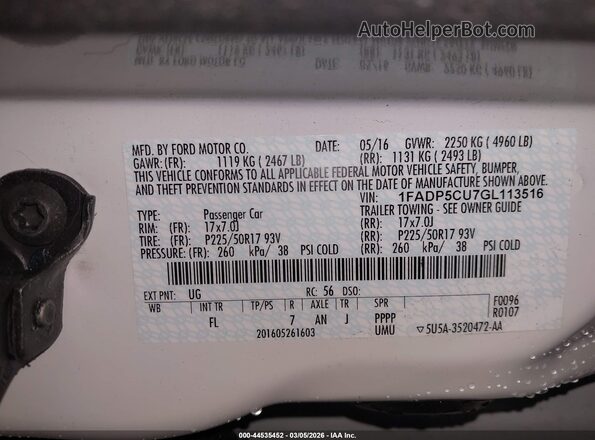 1FADP5CU7GL113516 2016 FORD C-MAX ENERGI White Շարժիչի բաժամունքի տեսք