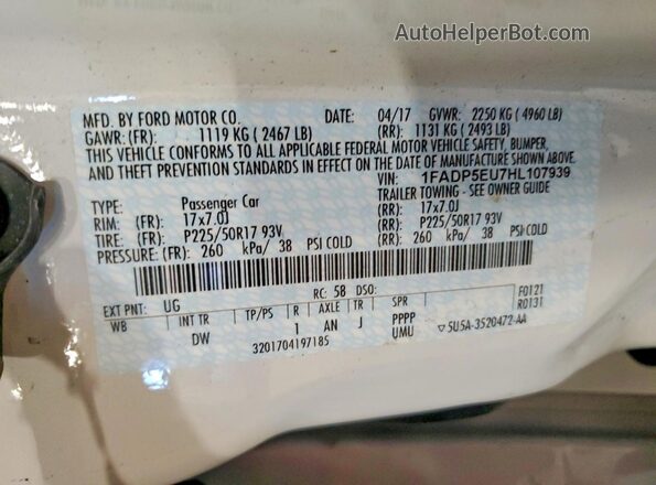 1FADP5EU7HL107939 2017 FORD C-MAX White Вид наклейки з VIN-кодом