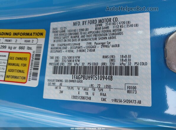 1FAGP8UH9T5109448 2026 FORD MUSTANG Blue Շարժիչի բաժամունքի տեսք