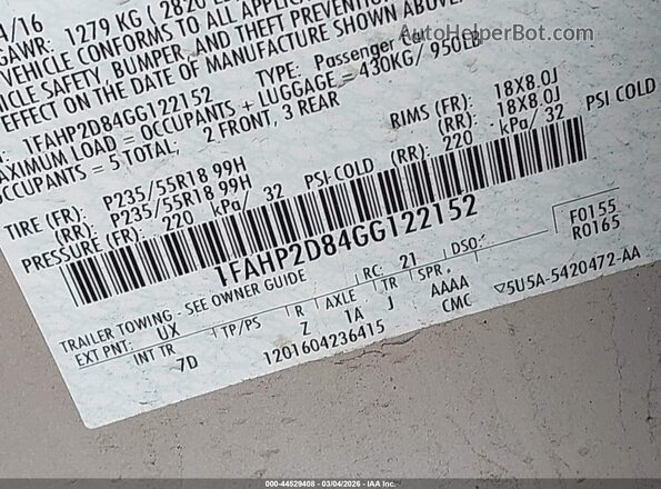 1FAHP2D84GG122152 2016 FORD TAURUS Серебряный Вид подкапотного пространства