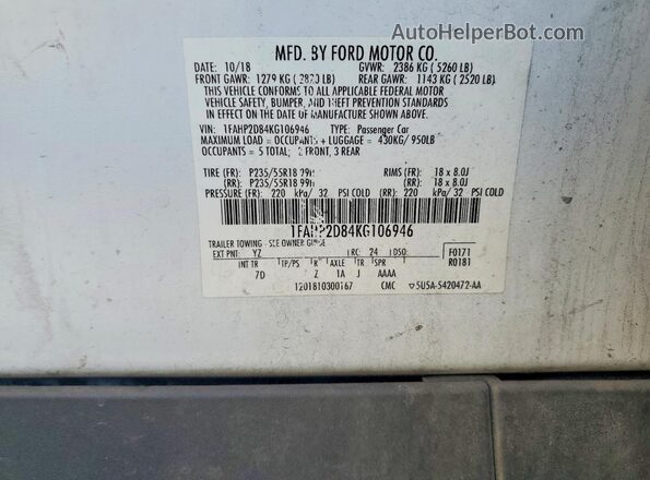 1FAHP2D84KG106946 2019 FORD TAURUS White 