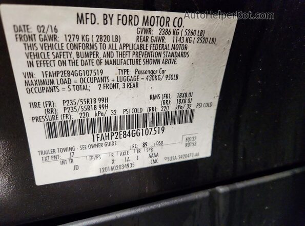 1FAHP2E84GG107519 2016 FORD TAURUS Серый Вид подкапотного пространства