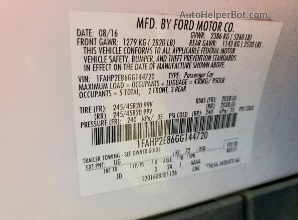 1FAHP2E86GG144720 2016 FORD TAURUS White Widok komory silnika