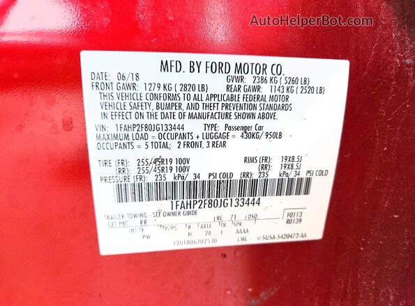 1FAHP2F80JG133444 2018 FORD TAURUS Red Widok komory silnika