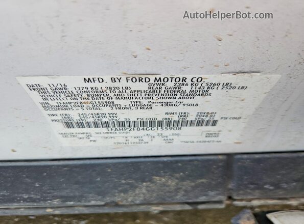 1FAHP2F84GG155908 2016 FORD TAURUS White Widok komory silnika