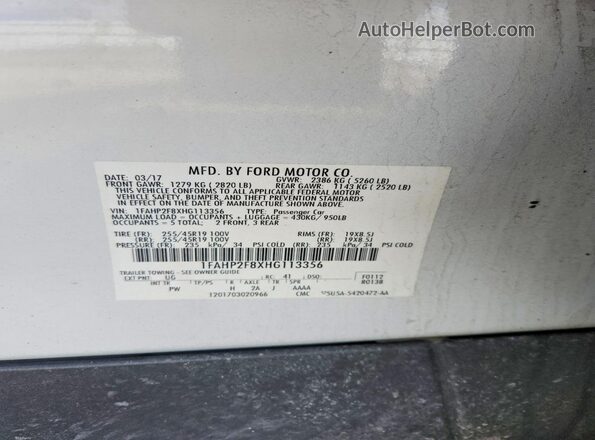 1FAHP2F8XHG113356 2017 FORD TAURUS White 