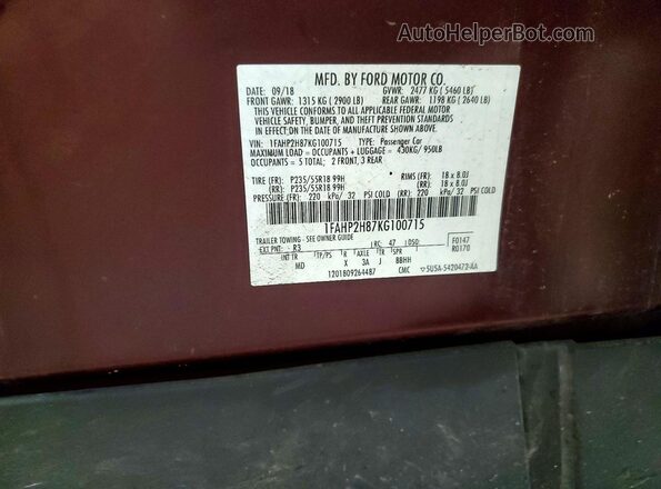 1FAHP2H87KG100715 2019 FORD TAURUS Burgundy Widok komory silnika