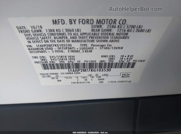 1FAHP2MT7KG103530 2019 FORD POLICE INTERCEPTOR White Շարժիչի բաժամունքի տեսք