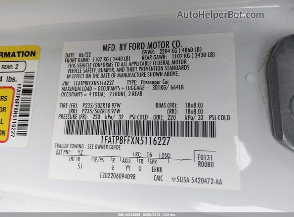 1FATP8FFXN5116227 2022 FORD MUSTANG White 