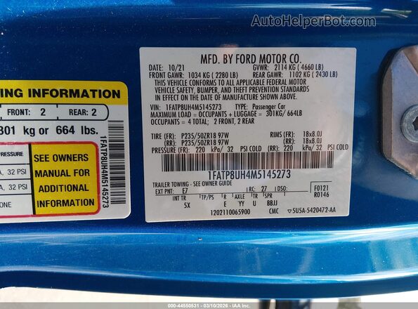 1FATP8UH4M5145273 2021 FORD MUSTANG Синий Вид подкапотного пространства