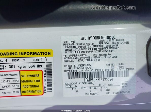 1FATP8UH5L5125564 2020 FORD MUSTANG Белый Вид подкапотного пространства