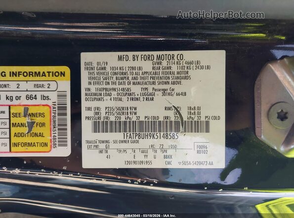 1FATP8UH9K5148585 2019 FORD MUSTANG Black Vista del compartimento del motor