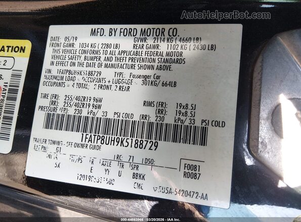 1FATP8UH9K5188729 2019 FORD MUSTANG Черный Вид подкапотного пространства