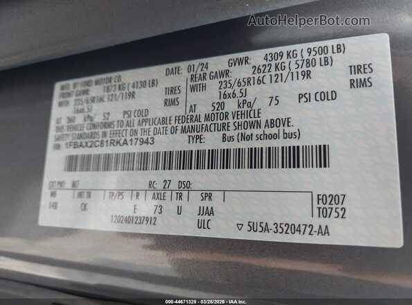 1FBAX2C81RKA17943 2024 FORD PASSENGER Gray Շարժիչի բաժամունքի տեսք
