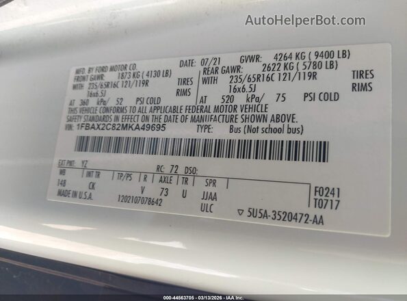 1FBAX2C82MKA49695 2021 FORD PASSENGER White ძრავის განყოფილების ხედი