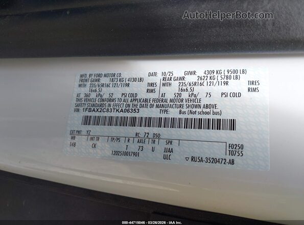 1FBAX2C83TKA06353 2026 FORD PASSENGER White Շարժիչի բաժամունքի տեսք