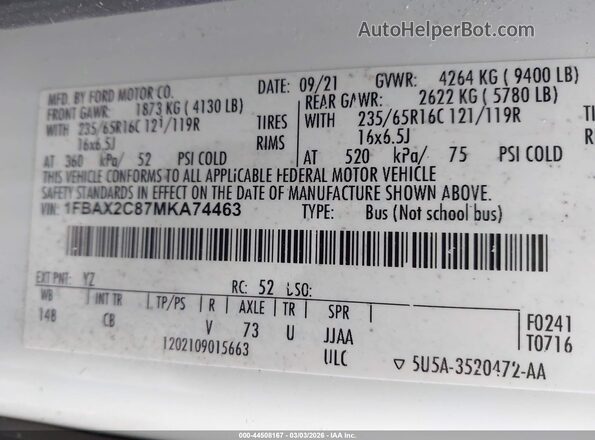 1FBAX2C87MKA74463 2021 FORD PASSENGER White ძრავის განყოფილების ხედი