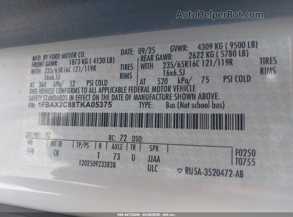 1FBAX2C88TKA05375 2026 FORD PASSENGER White Вид підкапотного простору