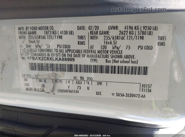 1FBAX2C8XLKA88999 2020 FORD PASSENGER White ძრავის განყოფილების ხედი