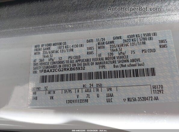 1FBAX2CG2RKB65932 2024 FORD PASSENGER White Widok komory silnika