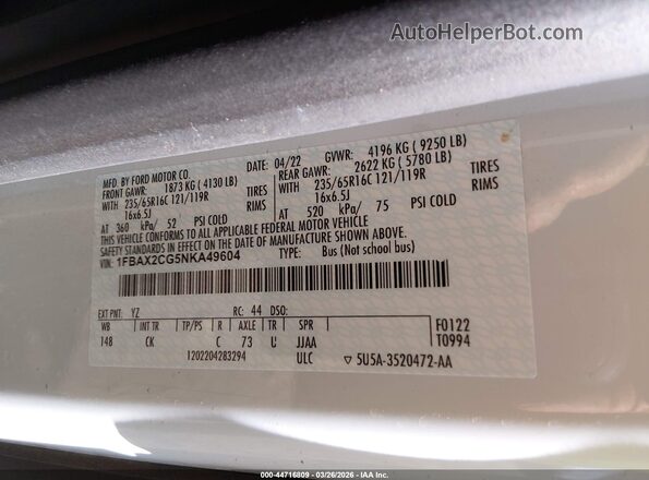 1FBAX2CG5NKA49604 2022 FORD PASSENGER White Engine compartment view