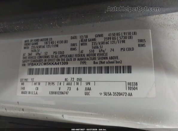 1FBAX2CM5KKA41309 2019 FORD TRANSIT-350 Белый Вид подкапотного пространства
