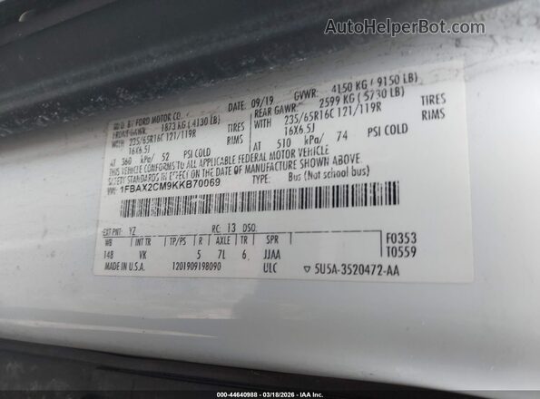 1FBAX2CM9KKB70069 2019 FORD TRANSIT-350 White 