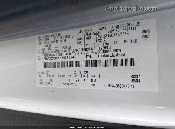 1FBAX2CMXKKB25545 2019 FORD TRANSIT-350 White Շարժիչի բաժամունքի տեսք