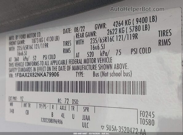 1FBAX2X82NKA79906 2022 FORD PASSENGER White ძრავის განყოფილების ხედი