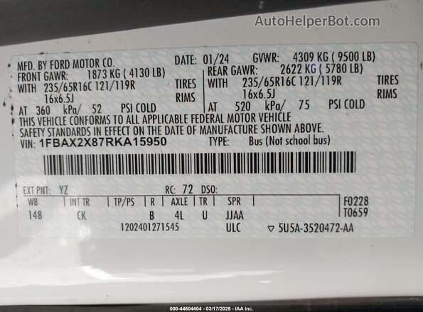 1FBAX2X87RKA15950 2024 FORD PASSENGER White Vista del compartimento del motor