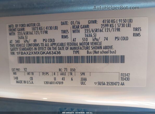 1FBAX2XMXGKA63436 2016 FORD TRANSIT-350 White Vista del compartimento del motor