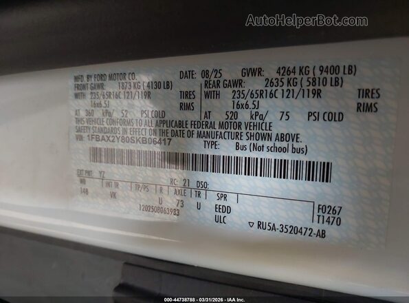 1FBAX2Y80SKB06417 2025 FORD PASSENGER White Widok komory silnika