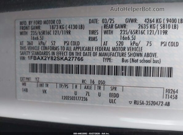 1FBAX2Y82SKA27766 2025 FORD PASSENGER Белый Вид подкапотного пространства