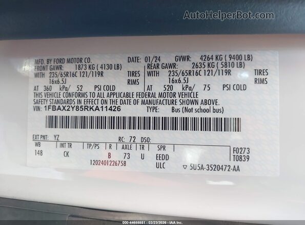 1FBAX2Y85RKA11426 2024 FORD PASSENGER White Vista del compartimento del motor