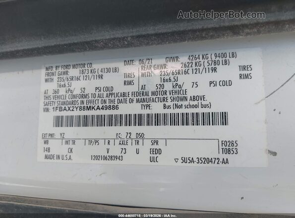 1FBAX2Y88MKA49886 2021 FORD PASSENGER White ძრავის განყოფილების ხედი