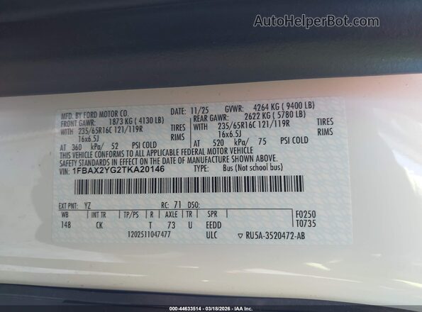1FBAX2YG2TKA20146 2026 FORD PASSENGER White Vista del compartimento del motor