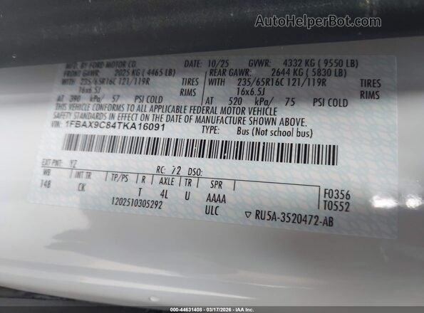 1FBAX9C84TKA16091 2026 FORD PASSENGER White Vista del compartimento del motor