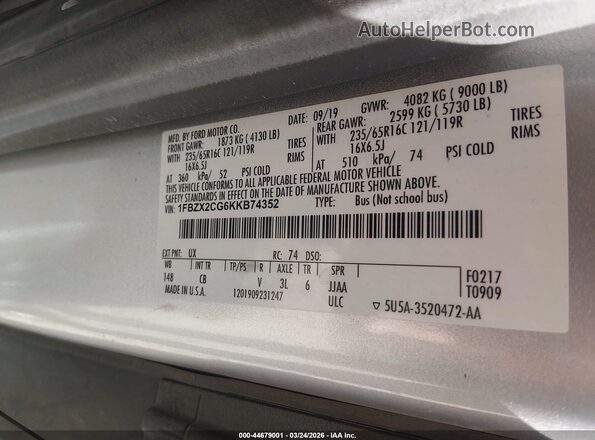 1FBZX2CG6KKB74352 2019 FORD TRANSIT-350 Silver 