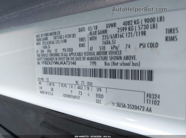 1FBZX2YM6JKA73146 2018 FORD TRANSIT-350 White Widok komory silnika
