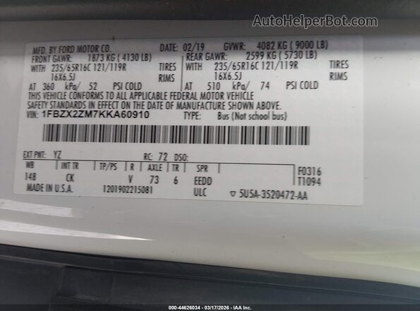 1FBZX2ZM7KKA60910 2019 FORD TRANSIT-350 White Вид підкапотного простору