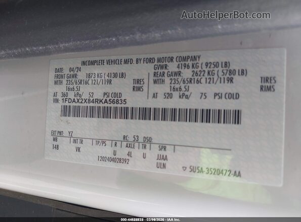 1FDAX2X84RKA56835 2024 FORD PASSENGER White Շարժիչի բաժամունքի տեսք