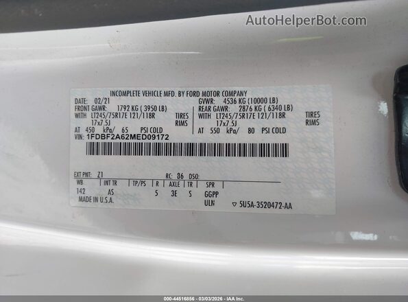 1FDBF2A62MED09172 2021 FORD F-250 White 