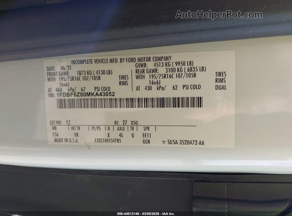 1FDBF6Z80MKA43052 2021 FORD TRANSIT-350 White Widok komory silnika