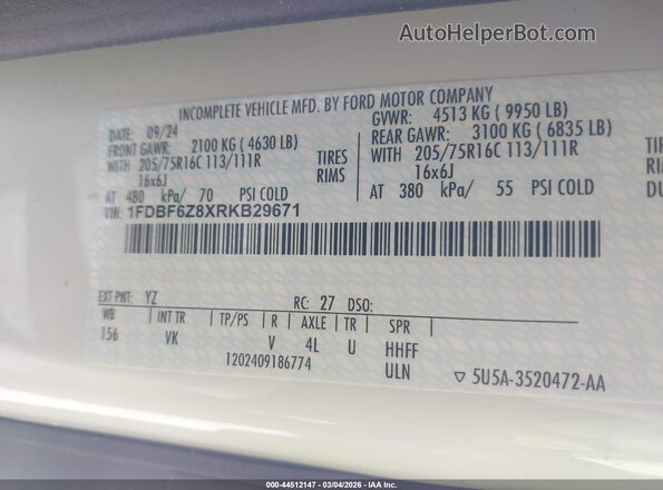 1FDBF6Z8XRKB29671 2024 FORD TRANSIT-350 White Շարժիչի բաժամունքի տեսք