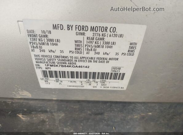1FM5K7B84KGA46142 2019 FORD FORD EXPLORER Silver 