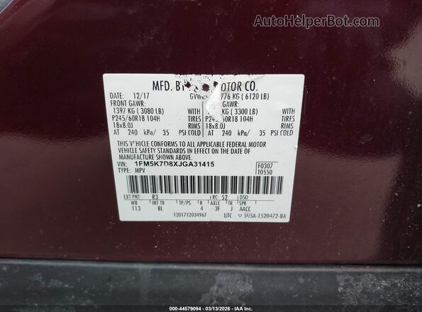 1FM5K7D8XJGA31415 2018 FORD FORD EXPLORER Burgundy Engine compartment view