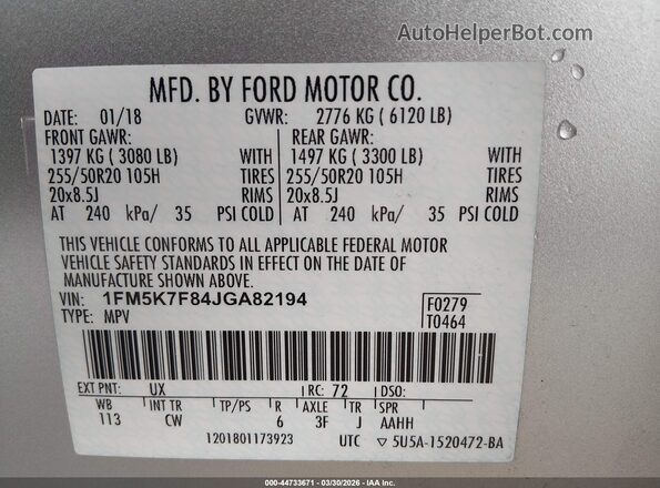 1FM5K7F84JGA82194 2018 FORD FORD EXPLORER Silver Vista del compartimento del motor